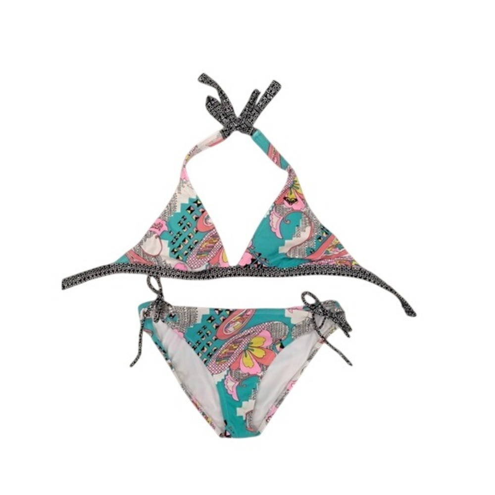 Psychedelic Paisley Triangle Halter Bikini Set Turquoise Pink Side Tie 2 Piece-L